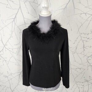 Claudia Richard Black Faux Fur Feather Collar Long Sleeve Top